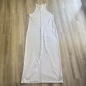 American Eagle Maxi Dress Size Large White & Blue Stripes Euro Summer Back Slit